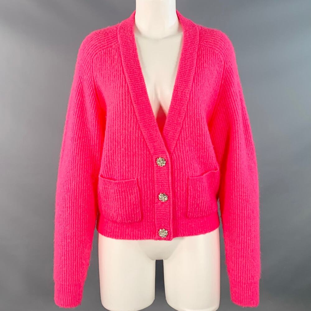GANNI Size M Hot Pink Alpaca Blend Rhinestones Cropped Cardigan
